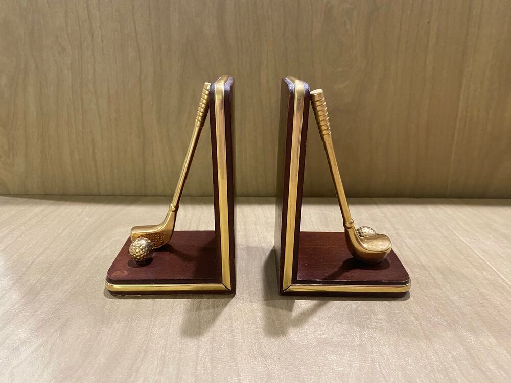 Vintage House of Lloyd 1990 Brass Golf Club and Ball Bookends, Wood, Brass Edges